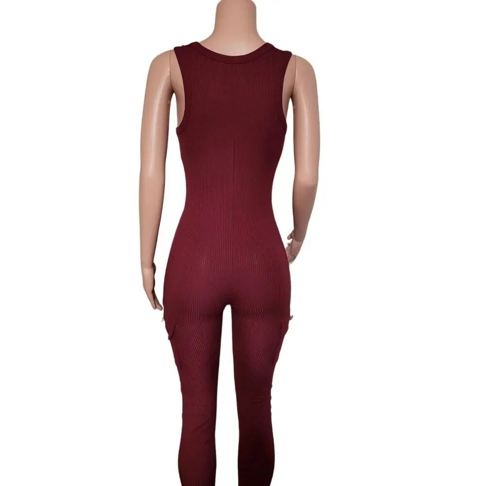 Asa women's crew neck sleeveless ribbed button-up burgundy jumpsuit knit bodyco